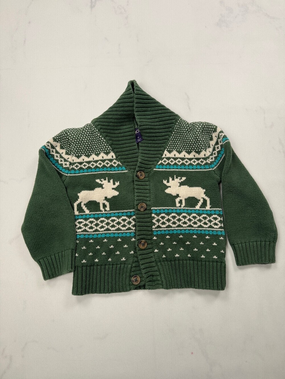 Cherokee Moose Pattern Cardigan Green 2000s Retro - Boys 4T